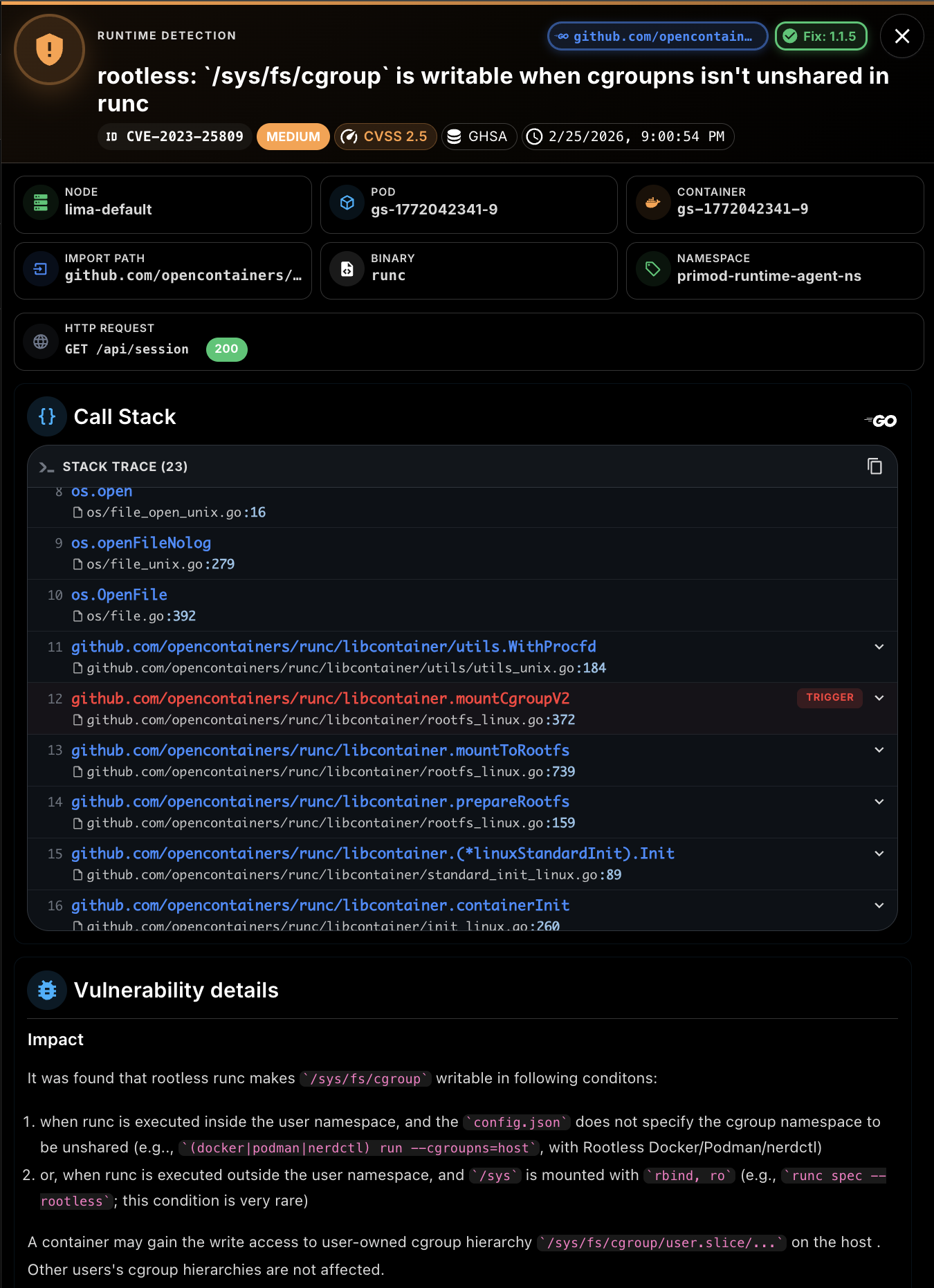 Primod Runtime Vulnerabilities dashboard
